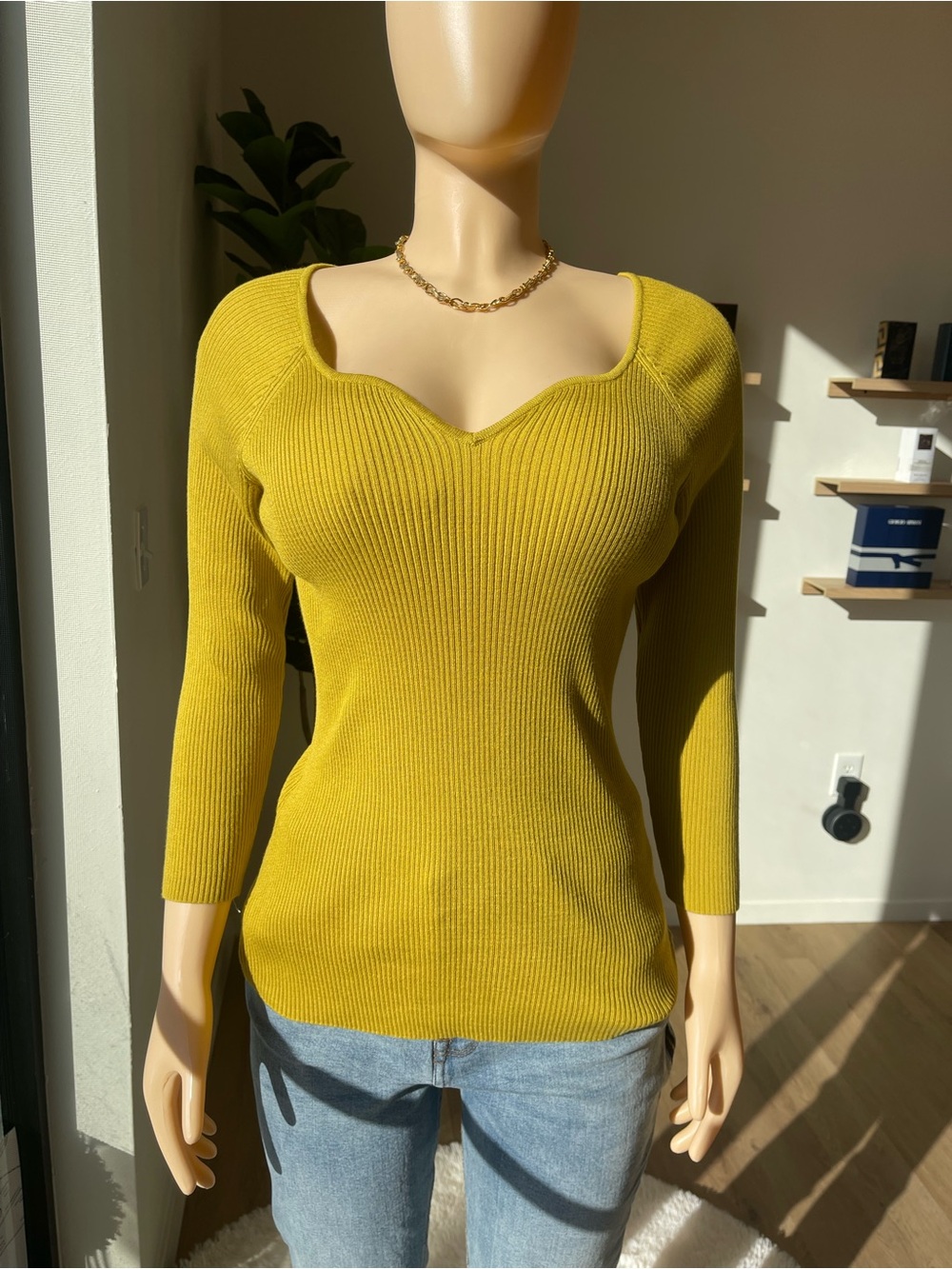 Ribbed V-Neck Sweater in Mustard